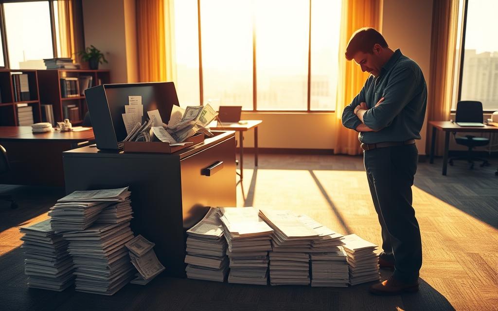 A Corporate Office Interior, A Desk With An Overflowing Outbox, Stacks Of Unpaid Paychecks, And A Frustrated Employee Standing Beside It. The Scene Is Bathed In A Warm, Golden Light From A Large Window, Casting Long Shadows Across The Floor. The Employee'S Posture Conveys A Sense Of Exasperation, Their Brow Furrowed As They Stare At The Unpaid Wages. In The Background, The Office Appears Organized, But The Focal Point Is The Withholding Of Earned Compensation, A Clear Violation Of Labor Laws. This Image Symbolizes The Employer'S Wage Penalties And The Employee'S Struggle To Reclaim What Is Rightfully Theirs.