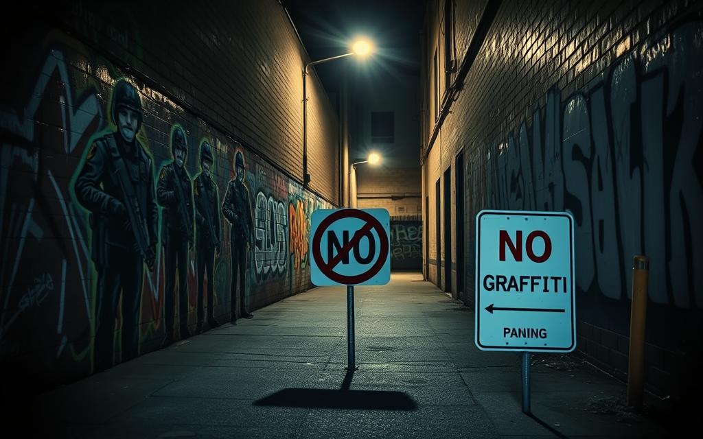 A Desolate Urban Alley, Dimly Lit By A Single Streetlight. Vibrant Graffiti Covers The Walls, Depicting Stern-Faced Law Enforcement Officers In Tactical Gear, Enforcing Penalties Against The Vandalism. In The Foreground, A &Quot;No Graffiti&Quot; Sign Stands As A Stark Warning, Casting Long Shadows Across The Pavement. The Atmosphere Is Tense, With A Palpable Sense Of Conflict Between The Rebellious Street Art And The Authoritative Presence Of The Law. Diffused, Moody Lighting Adds Depth And A Gritty Realism To The Scene, Capturing The Ongoing Tension Between Public Expression And Governmental Control.