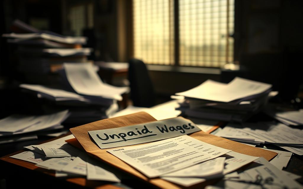 A Dimly Lit Office Setting, With A Cluttered Desk Showcasing Various Documents And Receipts. In The Foreground, A Manila Folder Labeled &Quot;Unpaid Wages&Quot; Rests Open, Revealing Scattered Papers And Invoices. The Lighting Is Harsh, Casting Long Shadows Across The Desk, Evoking A Sense Of Frustration And Unresolved Conflict. The Angle Is Slightly Angled, Capturing The Disorganized Nature Of The Scene. The Overall Mood Is One Of Unease And Uncertainty, Reflecting The Challenges Faced When Dealing With The Consequences Of Quitting A Job Without Receiving The Final Paycheck.