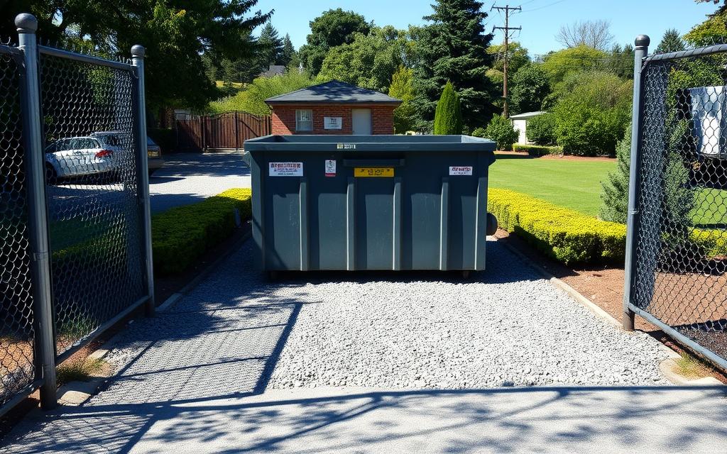 A Gated Entrance To A Private Property, With A Prominent Dumpster Situated In The Foreground. The Dumpster Is Surrounded By A Chain-Link Fence, Casting Shadows From The Midday Sun Overhead. In The Middle Ground, A Gravel Path Leads To The Dumpster, Flanked By Well-Manicured Landscaping. In The Background, A Nondescript Brick Building Or Shed Can Be Seen, Suggesting The Property'S Utilitarian Nature. The Scene Conveys A Sense Of Restricted Access, With The Dumpster Symbolizing The Boundary Between Public And Private Spaces. The Image Should Be Captured With A Wide-Angle Lens, Emphasizing The Sense Of Depth And The Controlled Environment Of The Private Property. A Gated Entrance To A Private Property, With A Prominent Dumpster Situated In The Foreground. The Dumpster Is Surrounded By A Chain-Link Fence, Casting Shadows From The Midday Sun Overhead. In The Middle Ground, A Gravel Path Leads To The Dumpster, Flanked By Well-Manicured Landscaping. In The Background, A Nondescript Brick Building Or Shed Can Be Seen, Suggesting The Property'S Utilitarian Nature. The Scene Conveys A Sense Of Restricted Access, With The Dumpster Symbolizing The Boundary Between Public And Private Spaces. The Image Should Be Captured With A Wide-Angle Lens, Emphasizing The Sense Of Depth And The Controlled Environment Of The Private Property.