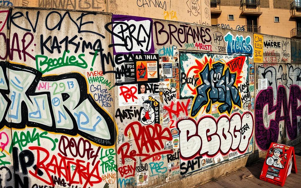A Graffiti-Covered Urban Wall, Its Surface A Palimpsest Of Evolving Artistic Expressions. In The Foreground, Bold Strokes And Vibrant Colors Depict The Progression Of This Subversive Art Form, From Crude Tags To Intricate Murals. The Middle Ground Features A Collage Of Stencils, Paste-Ups, And Stickers, Showcasing The Diverse Techniques Employed By Graffiti Artists Over Time. In The Background, Faded Remnants Of Previous Eras Peek Through, Hinting At The Rich Historical Tapestry Of This Underground Movement. Warm Lighting Casts Dramatic Shadows, Lending An Air Of Gritty Authenticity To The Scene. A Wide-Angle Lens Captures The Expansive, Layered Nature Of This Graffiti-Laden Wall, Inviting The Viewer To Explore The Visual Chronicles Of A Cultural Revolution.