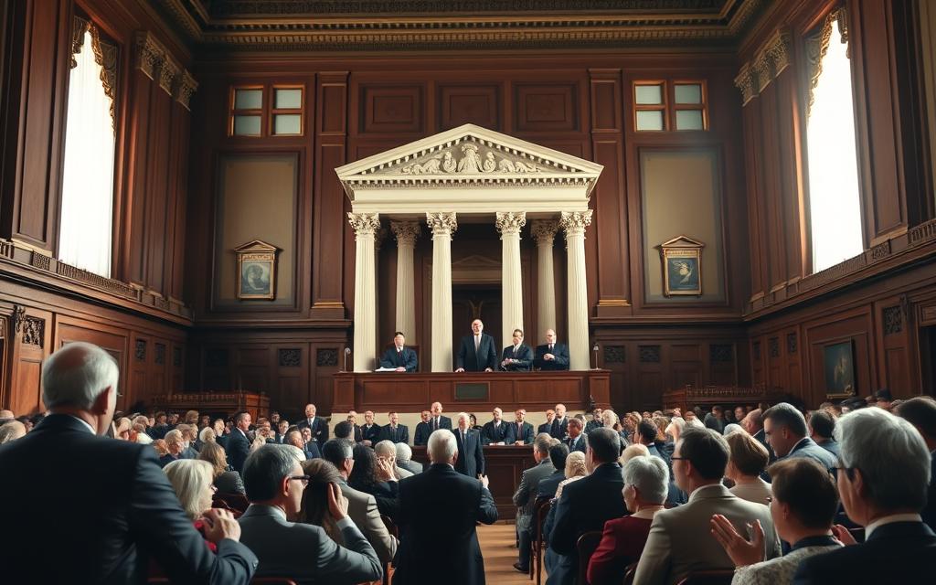 A Grand Courtroom Scene, Illuminated By Soft Natural Light Filtering Through Tall Windows. At The Center, The Corinthian-Columned Bench Of The Supreme Court, Adorned With The Iconic American Eagle. Robed Justices Sit In Solemn Contemplation, Their Expressions Thoughtful As They Consider The Weighty Matters Before Them. In The Foreground, Lawyers Passionately Argue Their Cases, Gesturing Emphatically. The Room'S Rich Wood Paneling And Ornate Detailing Convey A Sense Of Authority And Tradition. A Hush Falls Over The Gallery, Every Person In Rapt Attention, Awaiting The Court'S Momentous Decision That Will Shape The Nation'S Legal Framework. A Grand Courtroom Scene, Illuminated By Soft Natural Light Filtering Through Tall Windows. At The Center, The Corinthian-Columned Bench Of The Supreme Court, Adorned With The Iconic American Eagle. Robed Justices Sit In Solemn Contemplation, Their Expressions Thoughtful As They Consider The Weighty Matters Before Them. In The Foreground, Lawyers Passionately Argue Their Cases, Gesturing Emphatically. The Room'S Rich Wood Paneling And Ornate Detailing Convey A Sense Of Authority And Tradition. A Hush Falls Over The Gallery, Every Person In Rapt Attention, Awaiting The Court'S Momentous Decision That Will Shape The Nation'S Legal Framework.