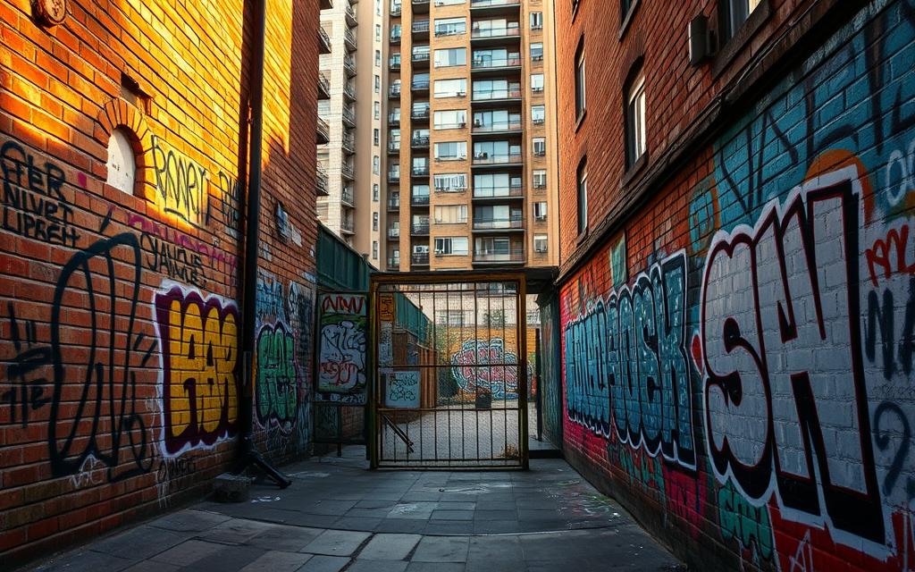A Gritty Urban Alley, Lined With Brick Walls And Old Pavement. In The Foreground, Colorful Graffiti Covers The Surfaces, Bold Strokes And Vibrant Hues. The Imagery Depicts A Clash Between Property Values And Community Expression, With Tags And Murals Conveying Messages Of Defiance And Identity. The Middle Ground Shows A Fence, Its Metal Bars Rusted, Symbolizing The Division Between Public And Private Spaces. In The Background, Towering Apartment Buildings Loom, Their Windows Reflecting The Impact Of Vandalism On Real Estate. The Scene Is Lit By Warm, Golden Light, Casting Dramatic Shadows And Highlighting The Textural Details. An Atmosphere Of Tension And Social Commentary Pervades The Frame.