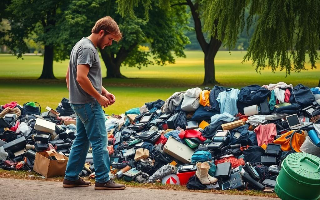 A Well-Lit Dumpster Diving Scene Showcasing The Economic And Environmental Benefits. In The Foreground, A Person In Casual Clothes Examines Discarded Items, Highlighting The Treasure Trove Of Usable Goods. The Middle Ground Features Neatly Organized Piles Of Salvaged Materials Like Electronics, Clothing, And Household Items. In The Background, A Lush, Green Park Setting Provides A Serene Contrast, Symbolizing The Environmental Sustainability Of This Practice. Soft, Warm Lighting Illuminates The Scene, Creating A Sense Of Discovery And Opportunity. The Composition Emphasizes The Value And Potential In What Is Often Seen As Waste, Inviting The Viewer To Reconsider Their Perceptions Of Dumpster Diving.