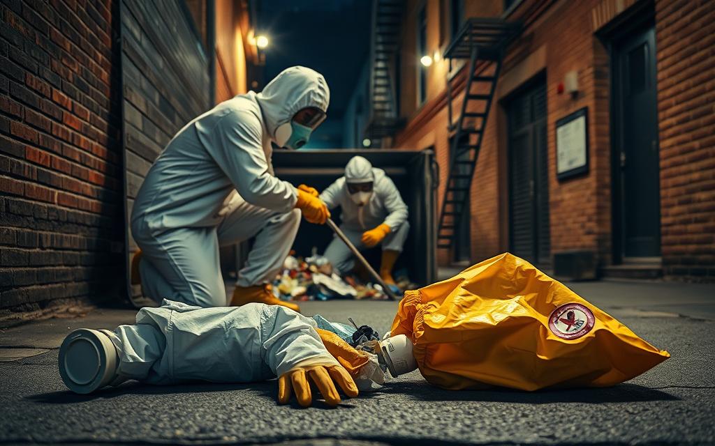 A Well-Lit Dumpster Scene In A City Alleyway, With A Person In Protective Gear Carefully Examining The Contents. In The Foreground, A Hazmat Suit, Gloves, And Mask Are Neatly Laid Out. In The Middle Ground, The Person Is Crouching Near The Dumpster, Using A Long Tool To Carefully Sift Through The Items. The Background Features Brick Walls And Fire Escapes, Establishing An Urban Setting. The Lighting Is Slightly Dramatic, With Warm Tones And Long Shadows, Creating An Atmosphere Of Caution And Safety Awareness. The Overall Composition Conveys The Importance Of Taking Proper Precautions When Dumpster Diving.