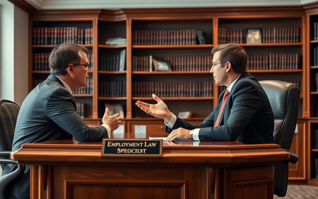 A Well-Lit Office Interior With An Imposing Wooden Desk And A Serious-Looking Employment Law Attorney Sitting Behind It, Dressed In A Sharp Suit And Tie. The Attorney Is Gesturing With Their Hands, Deep In Discussion With A Client Sitting Across The Desk, Their Faces Conveying A Sense Of Determination And Resolve. Bookshelves Line The Walls, A Plaque On The Desk Reads &Quot;Employment Law Specialist.&Quot; Soft, Directional Lighting Creates Depth And Highlights The Professional Atmosphere.