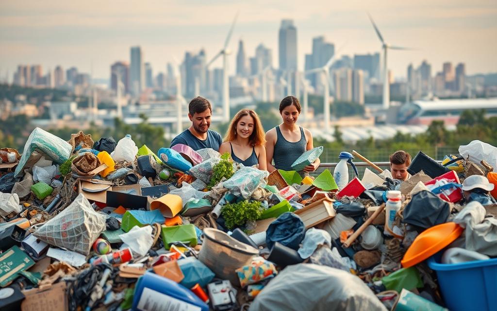 An Eco-Friendly Waste Recovery Scene With A Vibrant, Sustainable Atmosphere. In The Foreground, An Assortment Of Recycled Materials And Discarded Items Are Being Sorted And Repurposed, Conveying The Trend Of Urban Scavenging And Dumpster Diving. In The Middle Ground, A Group Of People Are Engaged In This Process, Their Expressions Showcasing A Sense Of Purpose And Environmental Consciousness. The Background Depicts A Bustling City Skyline, With Renewable Energy Sources Like Solar Panels And Wind Turbines Visible, Highlighting The Broader Societal Shift Towards Green Initiatives. Soft, Diffused Lighting Casts A Warm, Inviting Glow Over The Entire Scene, Creating A Hopeful And Inspirational Mood.