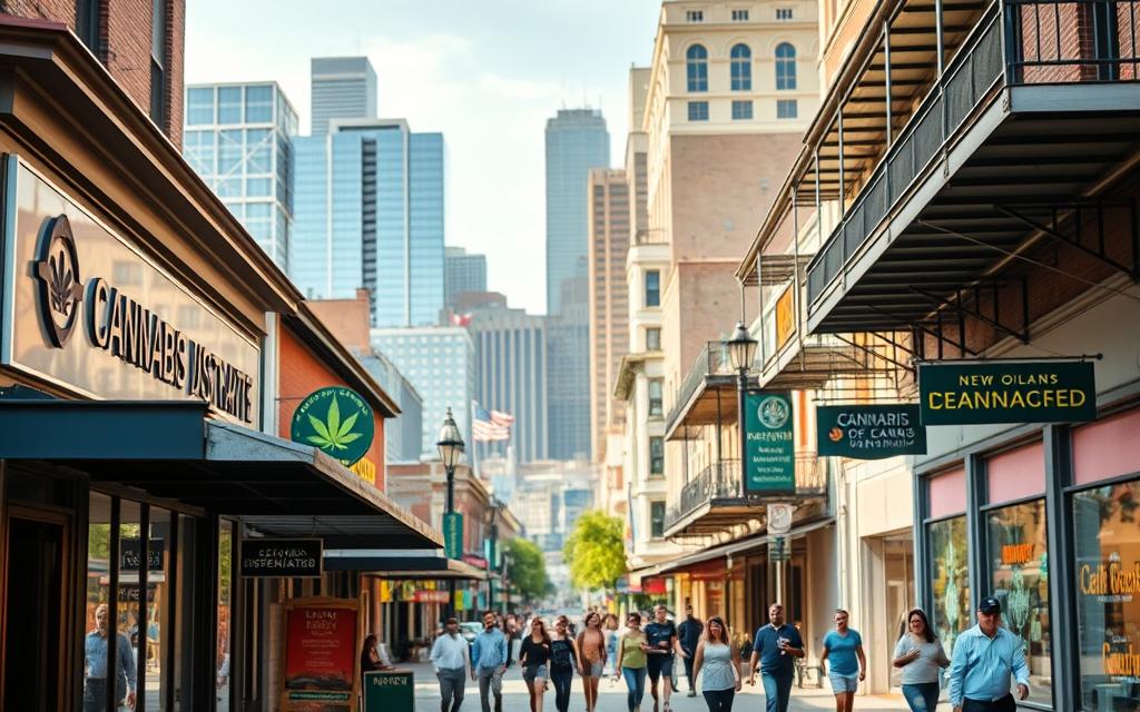 A Bustling Urban Scene In New Orleans, With A Well-Regulated Cannabis Dispensary Storefront In The Foreground. The Dispensary Has A Modern, Inviting Facade With Discrete Signage And Security Measures. In The Middle Ground, Pedestrians Stroll Down A Lively Street Lined With Local Businesses, Reflecting The City'S Vibrant Culture. The Background Features A Mix Of Historic Architecture And Contemporary High-Rises, Creating A Dynamic Cityscape. Warm, Natural Lighting Illuminates The Scene, Conveying A Sense Of Legality, Safety, And Community. The Overall Atmosphere Suggests A Well-Managed, Responsible Cannabis Industry Integrated Into The Fabric Of New Orleans.