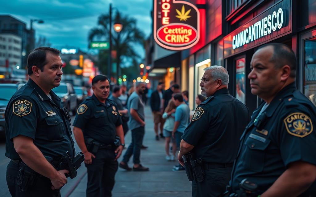 A Bustling Urban Street At Dusk, With Local Law Enforcement Officers Patrolling The Sidewalks And Monitoring A Group Of Individuals Gathered Near A Discreet Storefront. The Officers Wear Standard Uniforms, Their Expressions Stern As They Observe The Scene. In The Background, Neon Signs And Streetlights Cast A Warm Glow, Hinting At The Nuances Of Cannabis Regulation Within This Community. The Atmosphere Is Tense, Yet Grounded In The Practical Realities Of Maintaining Public Order Amidst Shifting Social Attitudes Towards Marijuana.