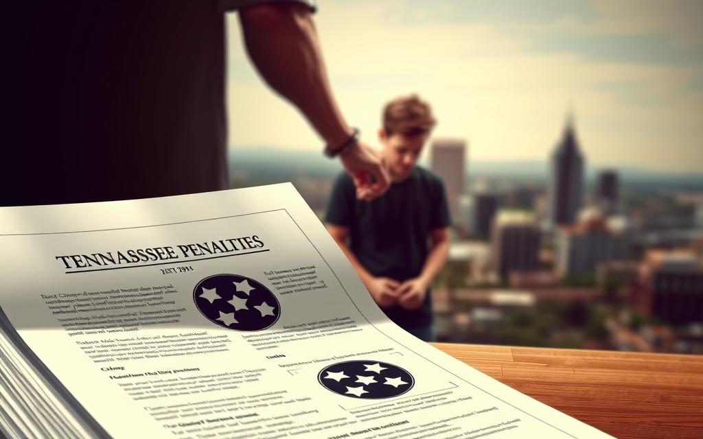 A Realistic Digital Illustration Of Tennessee'S Cannabis Penalties, Captured Through A Photojournalistic Lens. In The Foreground, A Stack Of Legal Documents With The State Seal, Detailing The Specific Laws And Penalties For Marijuana Possession And Distribution. In The Middle Ground, A Person In Handcuffs, Their Expression Conveying The Gravity Of The Situation. In The Background, A Blurred Cityscape Of Nashville, Symbolizing The Broader Legal Landscape. The Image Is Rendered With A Muted, Documentary-Style Color Palette, Emphasizing The Seriousness Of The Subject Matter. Dramatic Lighting Casts Shadows, Adding Depth And A Sense Of Solemn Gravity To The Composition.