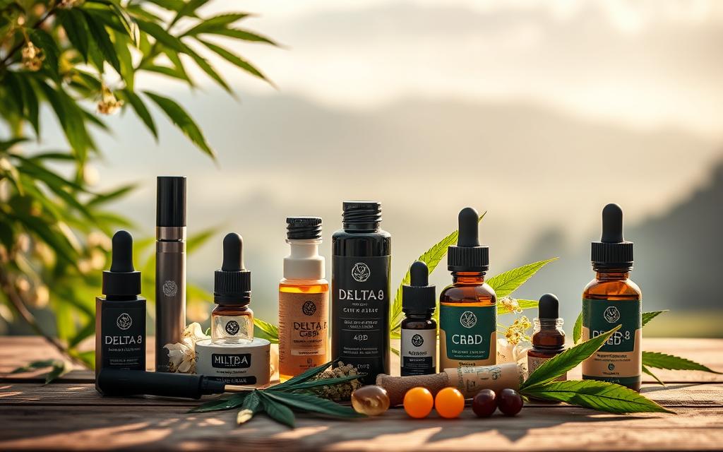 A Serene Still Life Scene Showcasing An Array Of Delta-8 And Cbd Products. In The Foreground, Various Vape Pens, Gummies, And Tincture Bottles Are Artfully Arranged On A Wooden Surface, Illuminated By Soft, Natural Lighting. In The Middle Ground, Lush Green Leaves And Delicate Floral Accents Add A Touch Of Organic Vibrancy, While The Background Fades Into A Hazy, Blurred Landscape, Creating A Sense Of Tranquility. The Overall Composition Evokes A Sense Of Wellness, Balance, And The Therapeutic Qualities Of These Alternative Cannabinoids.