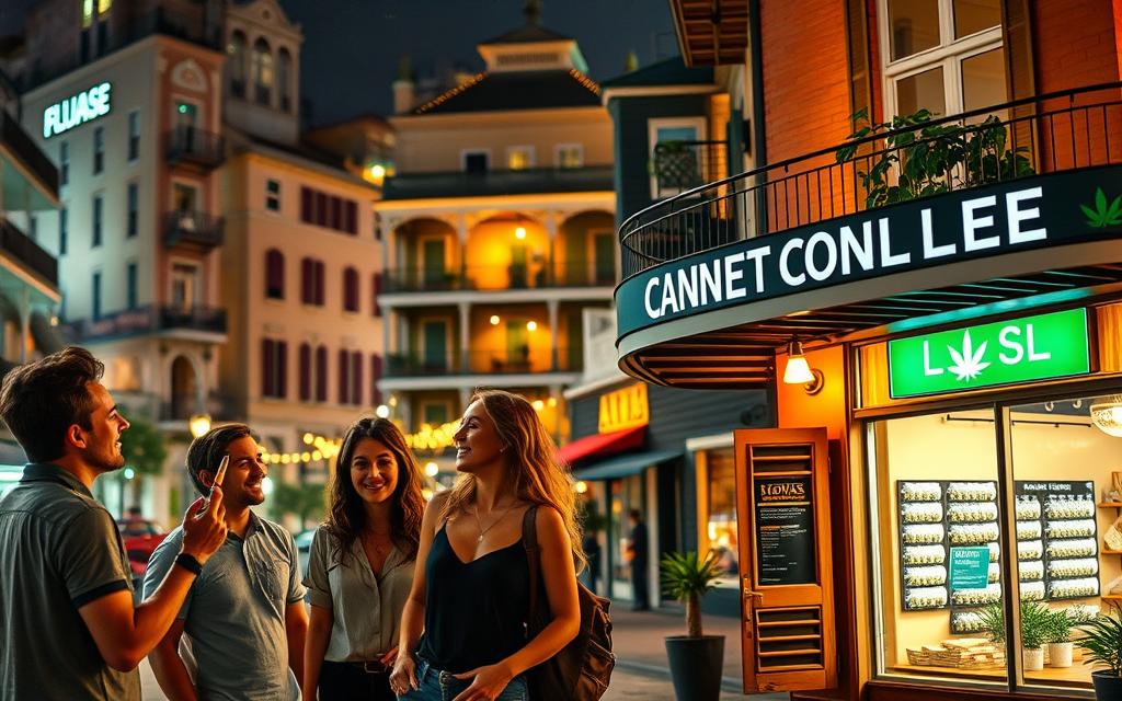 A Vibrant Cityscape Of New Orleans, With The Iconic French Quarter Architecture In The Background. In The Foreground, Two Contrasting Scenes Unfold - On The Left, A Group Of Young Adults Casually Passing A Joint, Representing The Recreational Use Of Cannabis; On The Right, A Well-Lit Medical Dispensary, Its Signage Highlighting The Legal And Regulated Aspect Of Medicinal Marijuana. The Lighting Is Warm And Inviting, Setting A Lively, Urban Atmosphere. The Image Captures The Current Duality Of Cannabis Legality In New Orleans, Where Recreational Use Remains In A Legal Gray Area, While Medical Marijuana Is Accessible Through Licensed Providers.